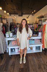 Mock Neck Band Puff Sleeve Dress