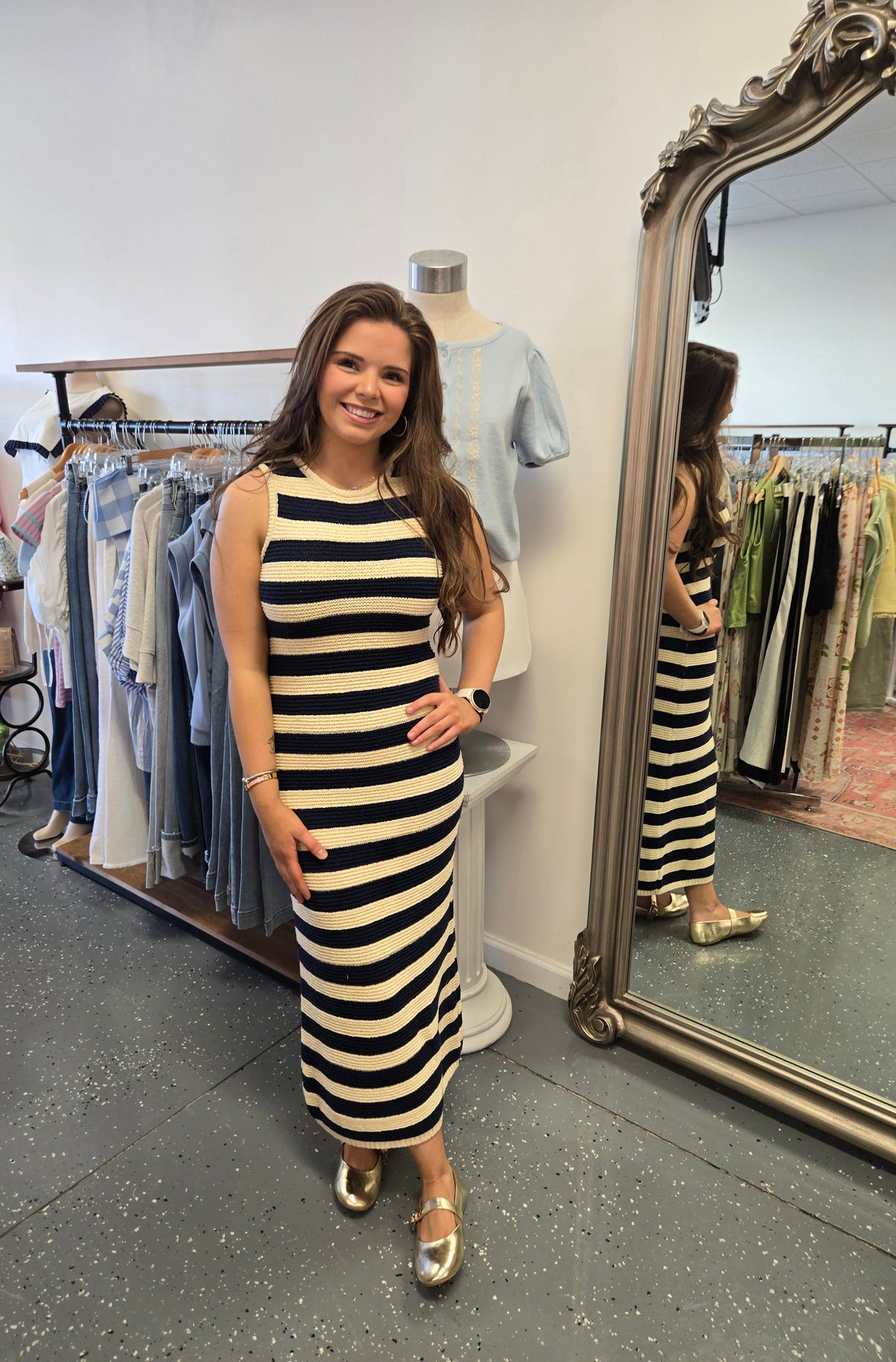 Striped Cotton Knit Midi Dress