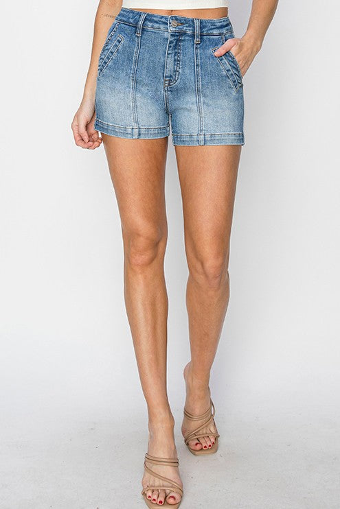High Rise Front Seam Detail Denim Shorts