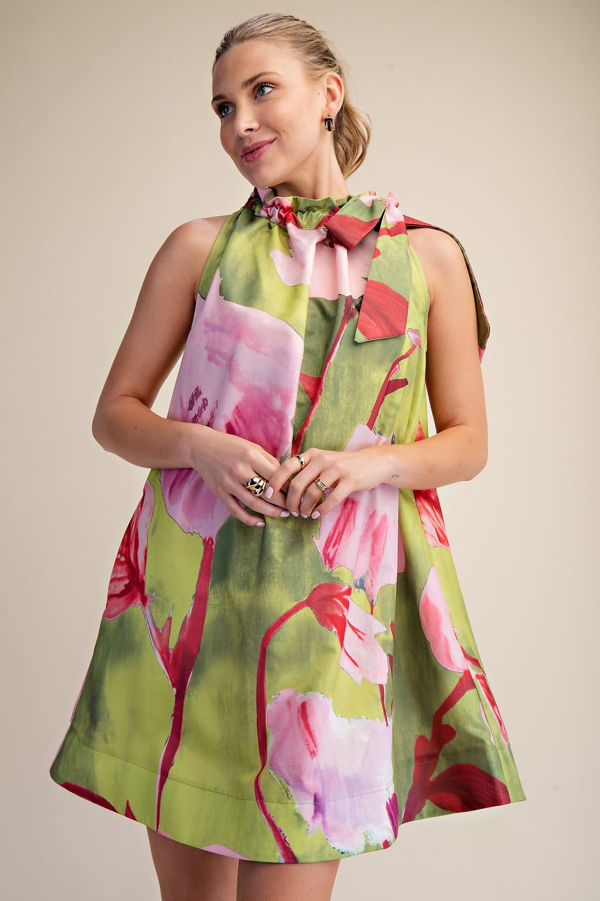 Tie Neck Floral Mini Dress