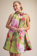Tie Neck Floral Mini Dress
