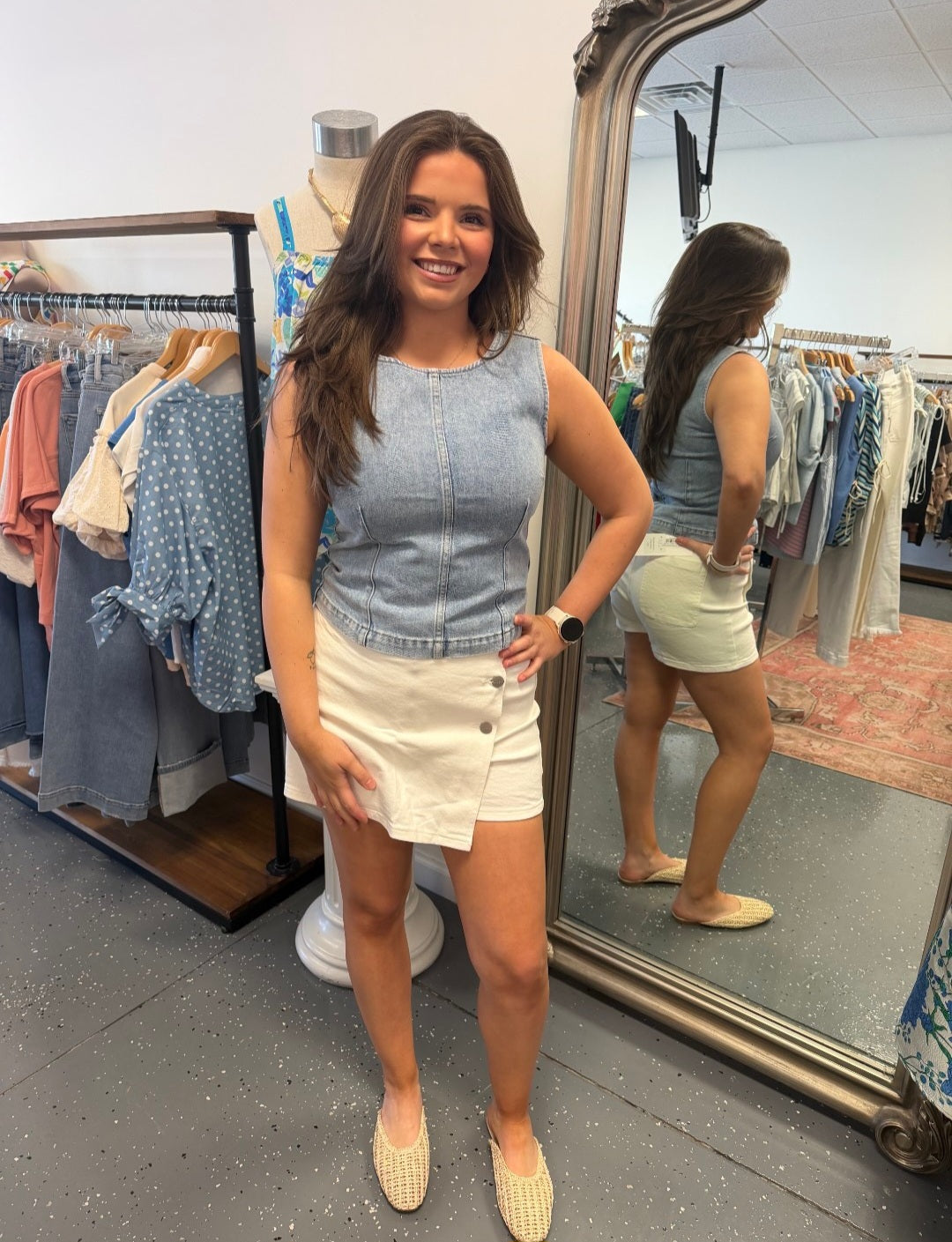 Three Button Denim Skort- Cream